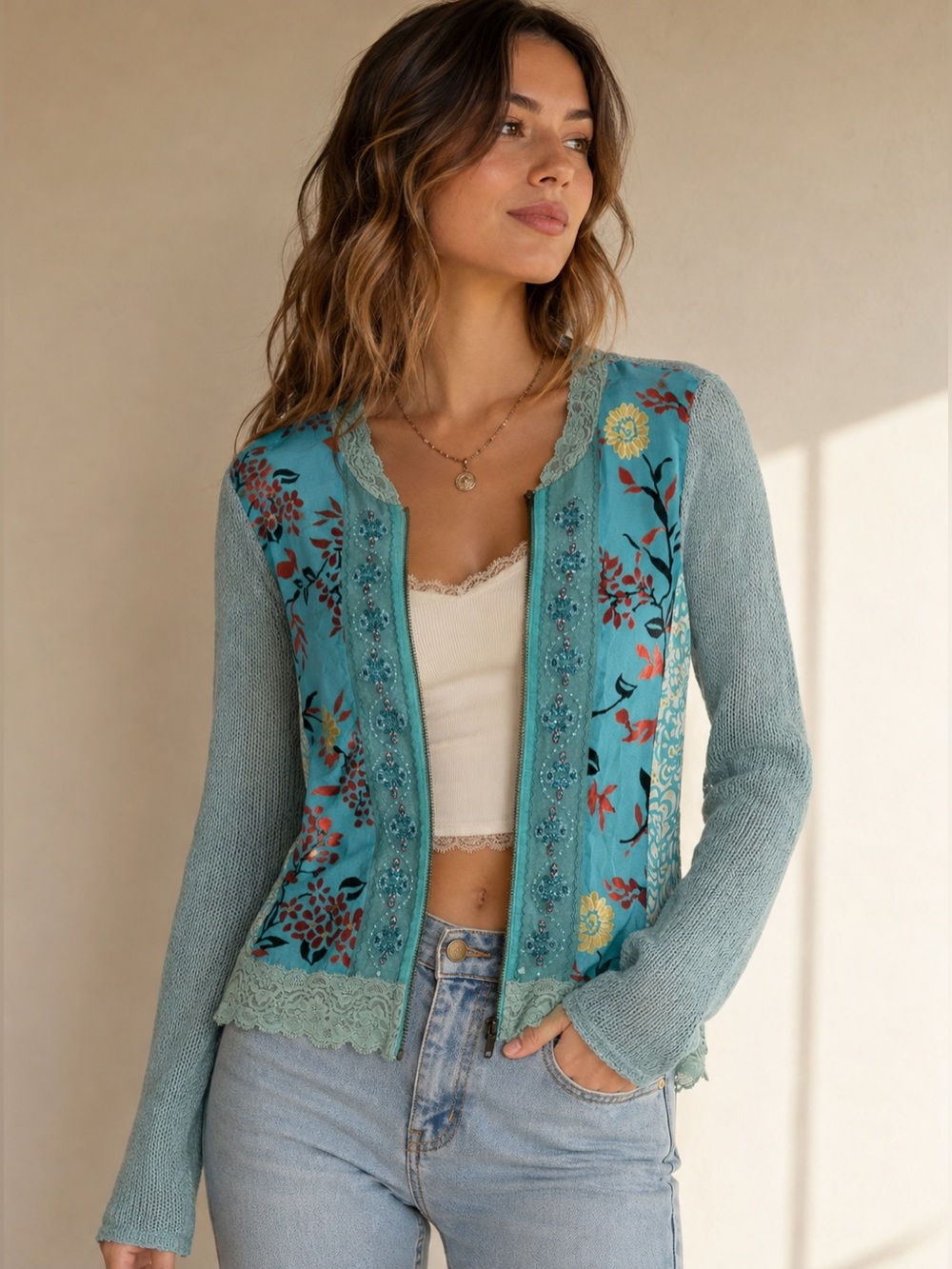 n*un Y2K Boho Floral Lace Zip Cardigan Cropped Top Size L